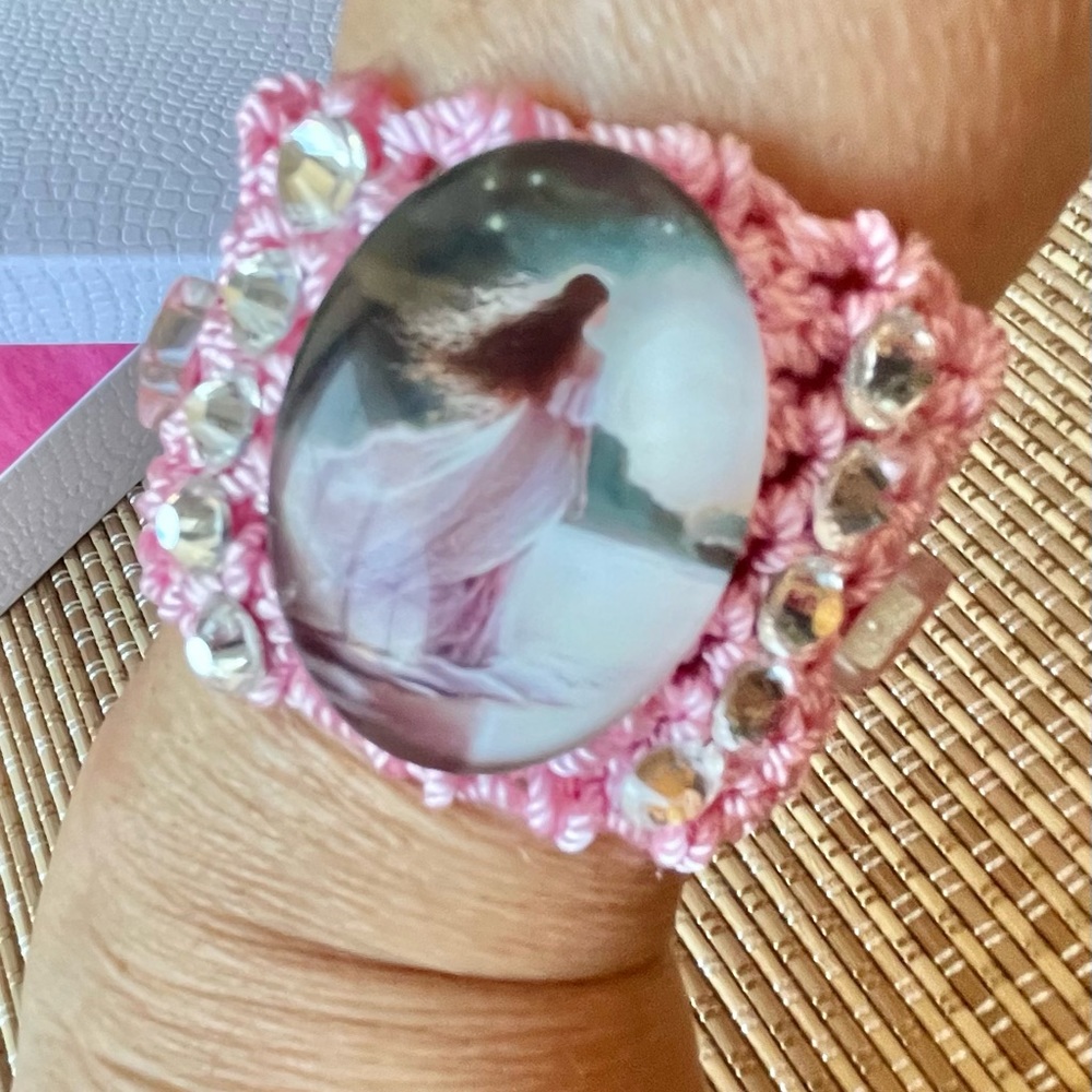 Hand Knits 2 Love Bracelet Pink Lady Cabochon Crystals Beads Crochet Designer